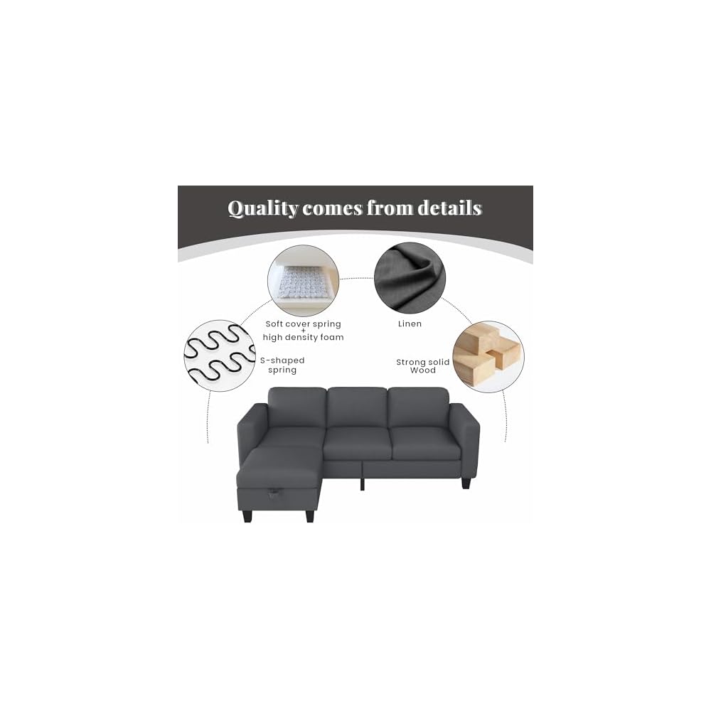 Sectional Sofa Couches for Living Room - L Shaped Cloud Couch-Small Modular 3 Seat-Comfy Linen with Storage Deep Seat Sofa,Washable Covers-Suitable for Living Room-Apartment-Office-Bedroom-Dark Grey