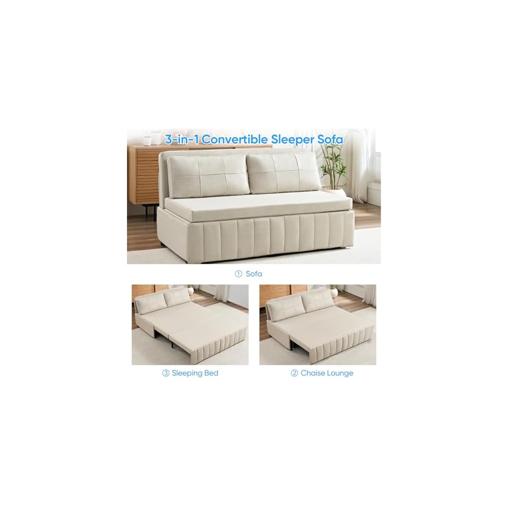 PUREMIND Queen Pull Out Sofa Bed, 3 in 1 Convertible Sleeper Sofa Couch with Pull Out Bed, Armless Loveseat Sleeper Foldable Couch Bed for Living Room Small Space