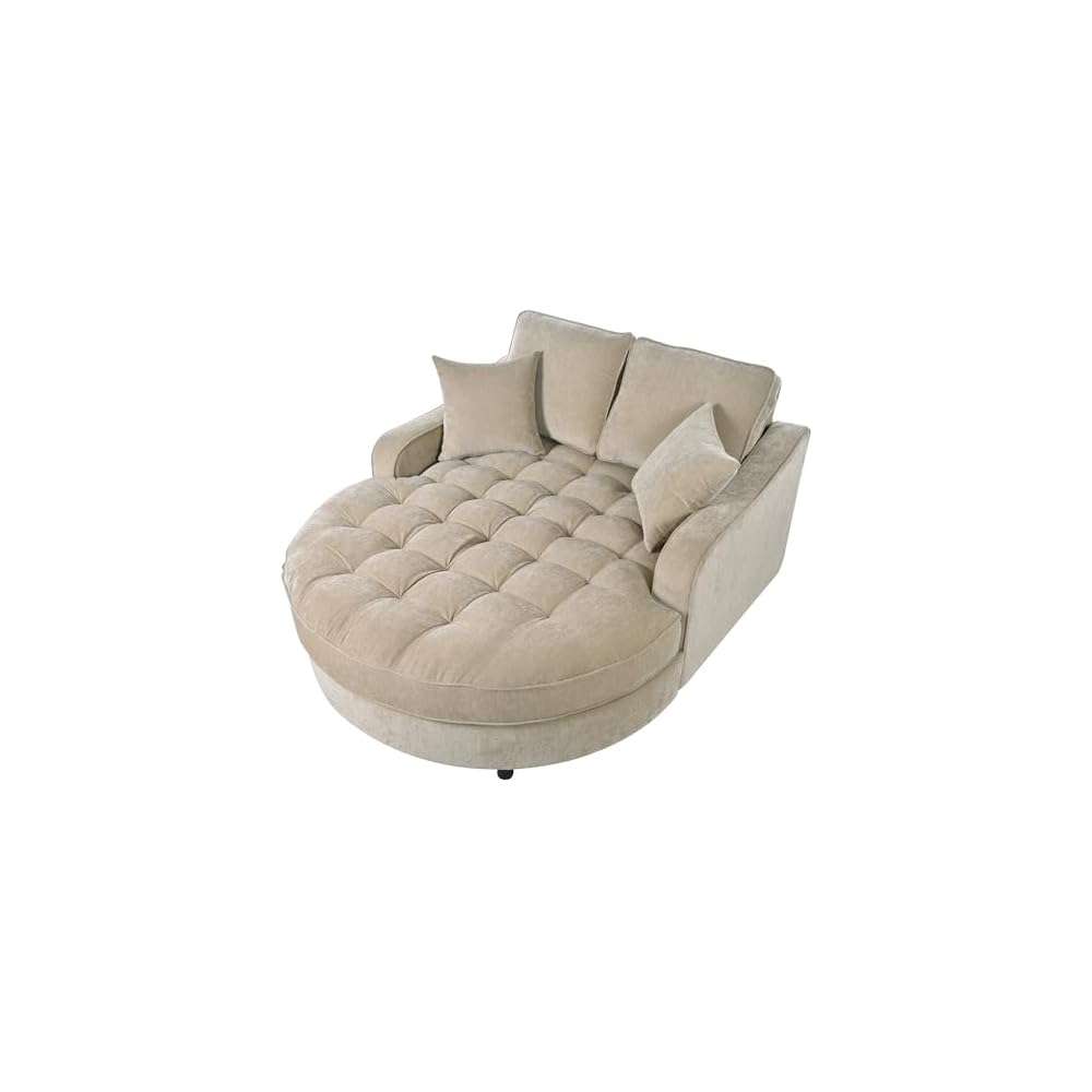 Merax 55" Modern Chaise Lounge Sofa Bed, Chenille Upholstered Couch with Tufted Seat and Removable & Adjustable Pillows for Living Room, Champagne