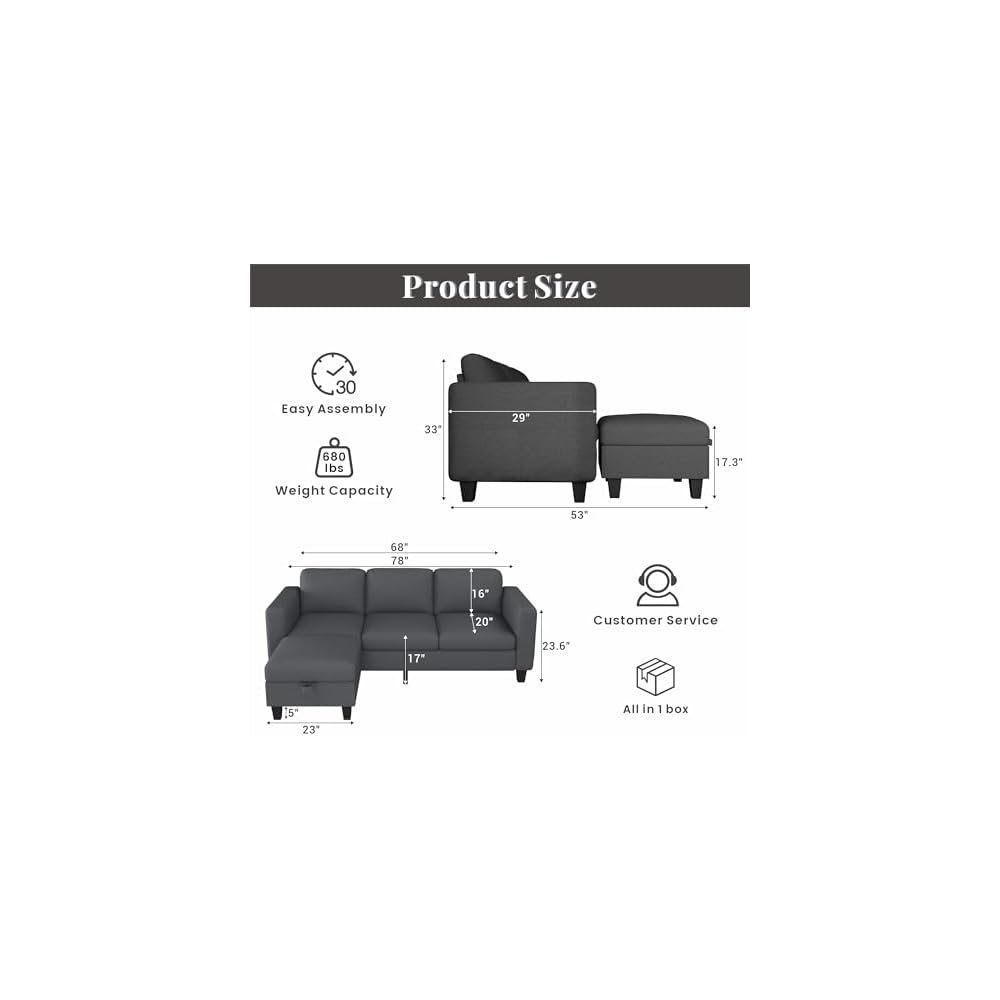 Sectional Sofa Couches for Living Room - L Shaped Cloud Couch-Small Modular 3 Seat-Comfy Linen with Storage Deep Seat Sofa,Washable Covers-Suitable for Living Room-Apartment-Office-Bedroom-Dark Grey