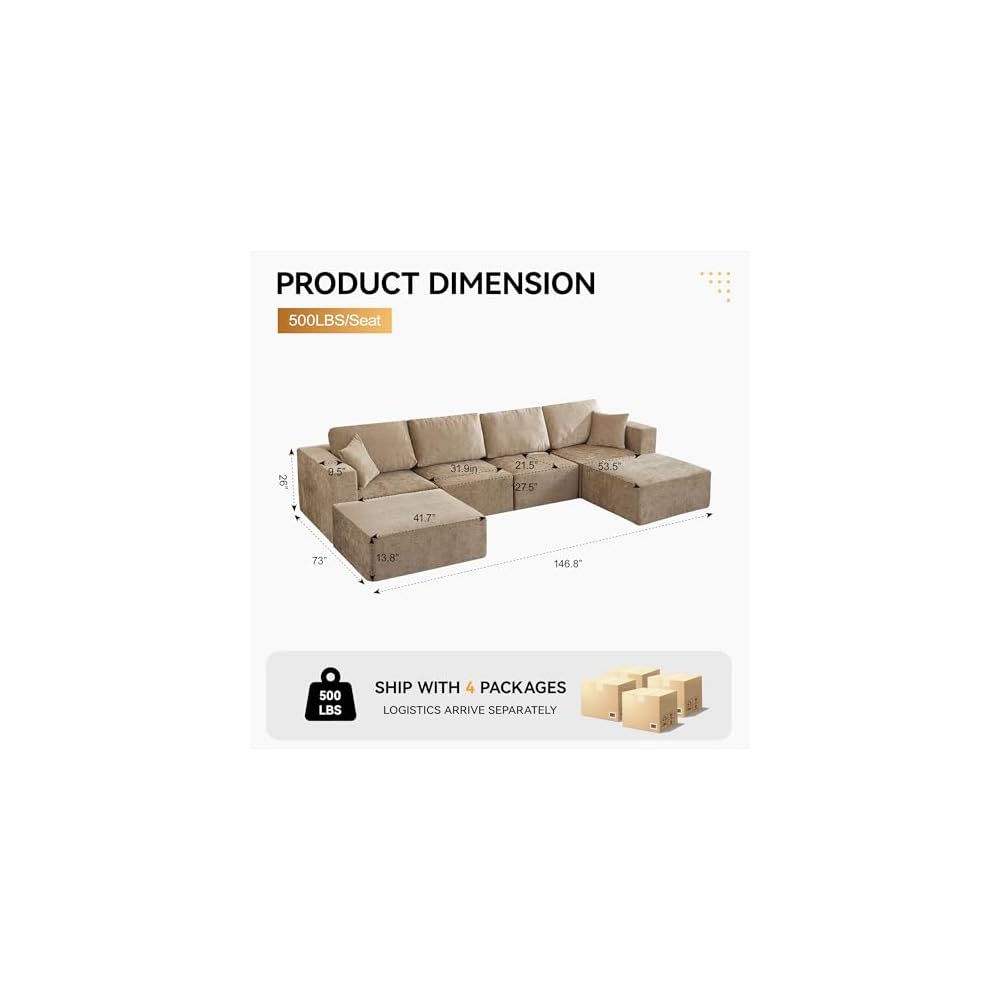 WUTUTUEE 146'' Oversized Boneless Sofa, 4 Seater Modular Sectional Couch with 2 Movealbe Ottoman, U Shaped Chenille Convertible Sleeper Sofa with Chaise for Living Room, Camel