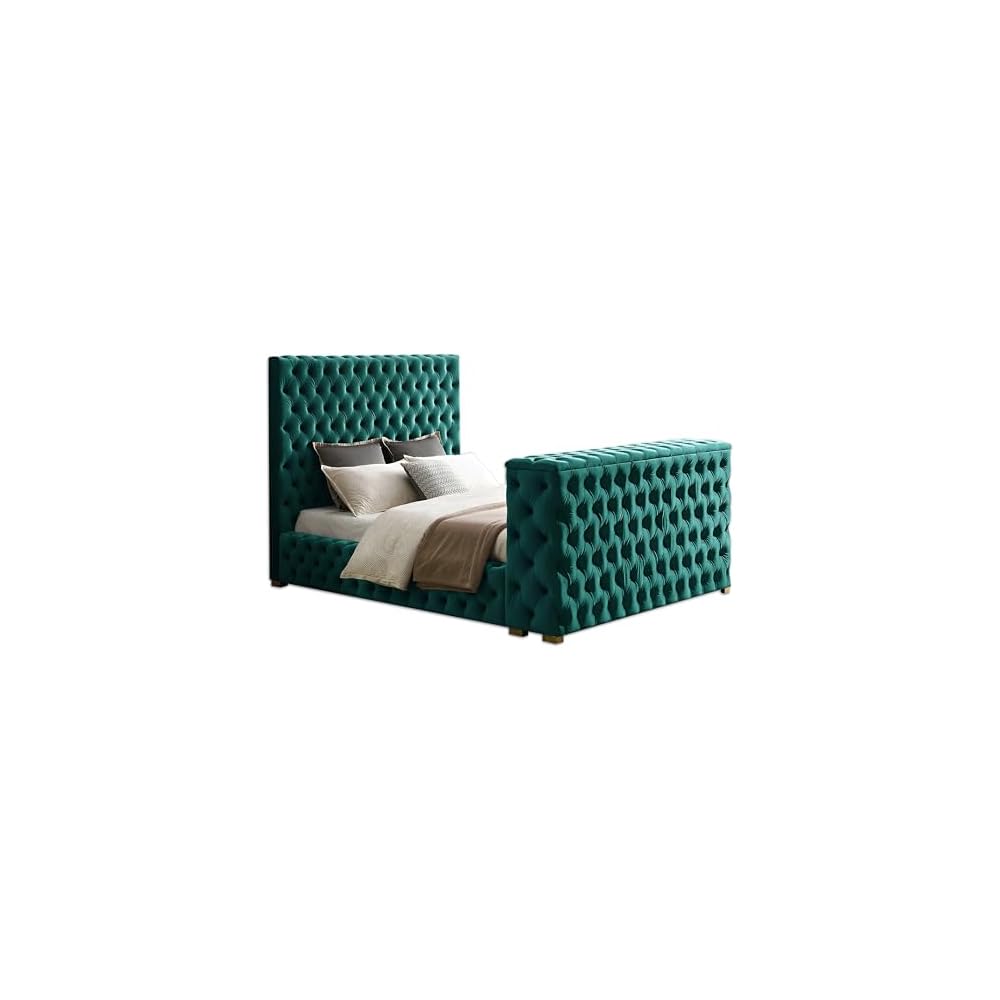 First of a Kind Velvet King Bed - Tufted Upholstered Bed Frame with TV Stand & Fireplace in Footboard - Soft Velvet Fabric for Comfy Experience - Suitable for TV up to 50”, (Green)