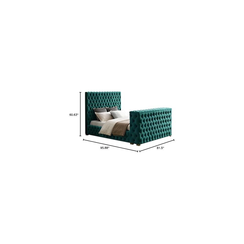First of a Kind Velvet King Bed - Tufted Upholstered Bed Frame with TV Stand & Fireplace in Footboard - Soft Velvet Fabric for Comfy Experience - Suitable for TV up to 50”, (Green)