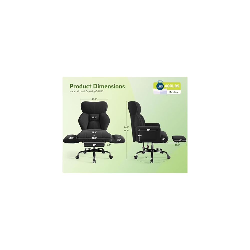 DurayLoly Big and Tall Office Chair with Foot Rest & Flip Armrests, Black