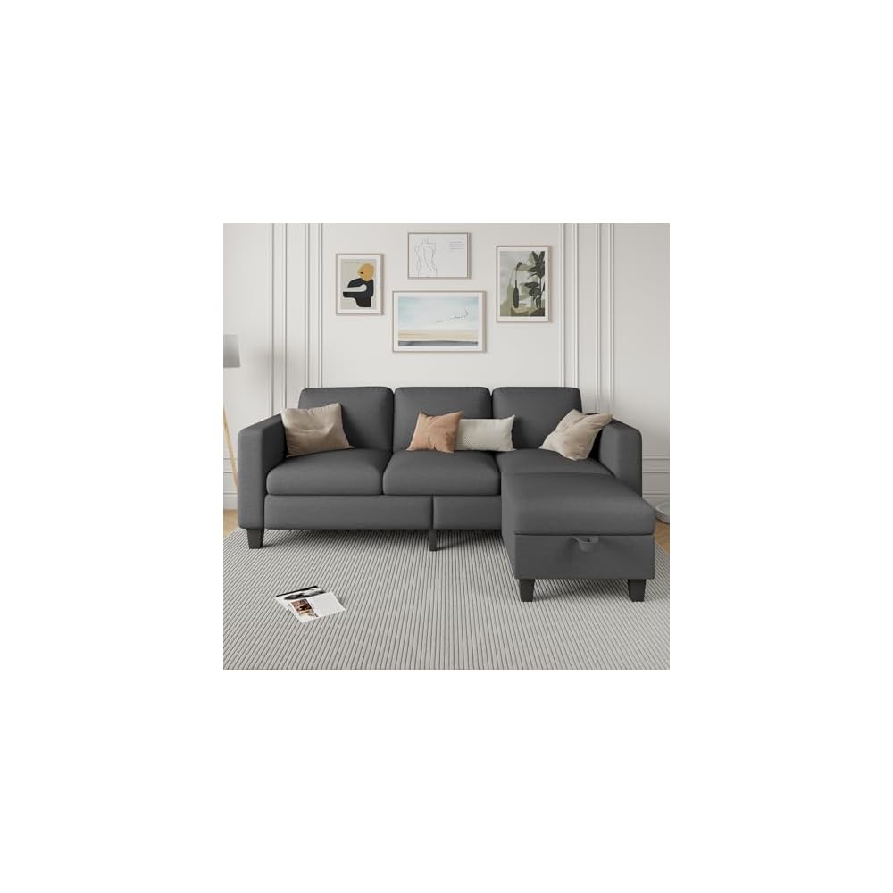 Sectional Sofa Couches for Living Room - L Shaped Cloud Couch-Small Modular 3 Seat-Comfy Linen with Storage Deep Seat Sofa,Washable Covers-Suitable for Living Room-Apartment-Office-Bedroom-Dark Grey
