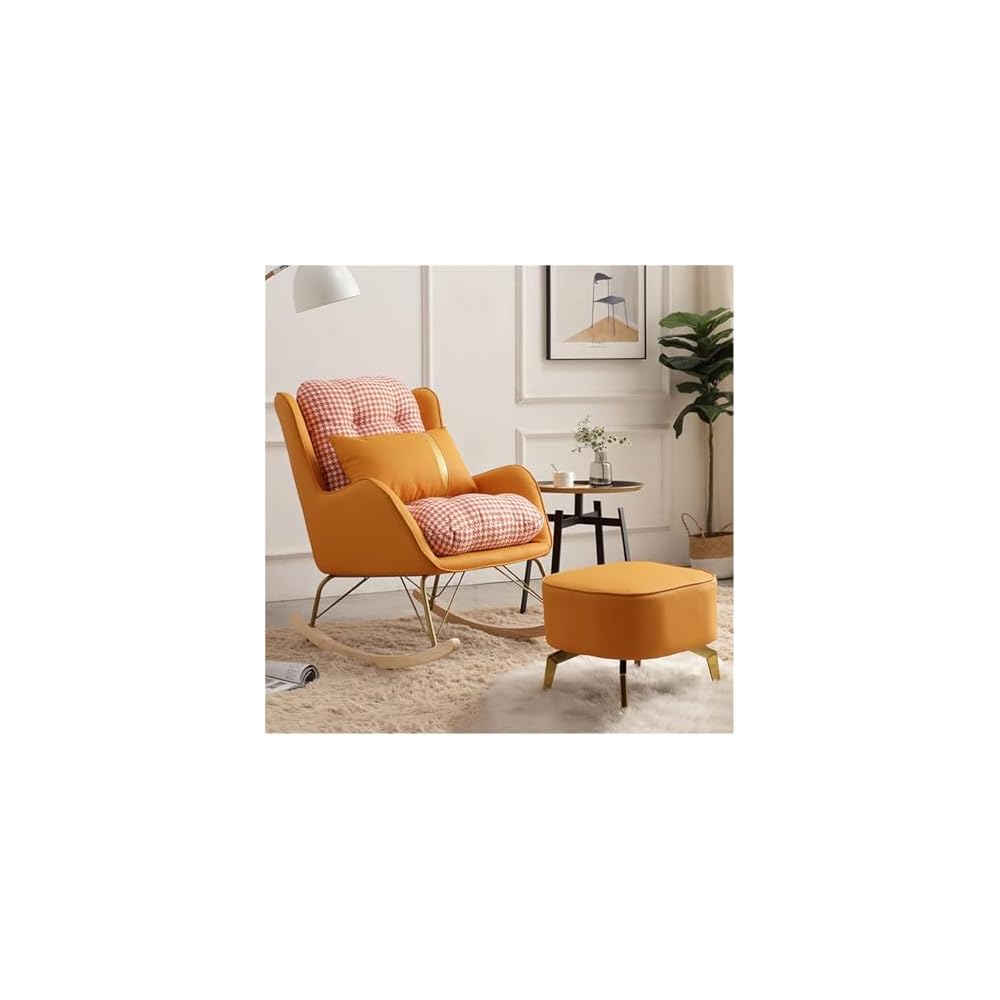 Modern Mid-Century Rocking Chair with Lumbar Support Pillow & Ottoman, Upholstered Glider Chair for Living Room - Stylish Orange Armchair