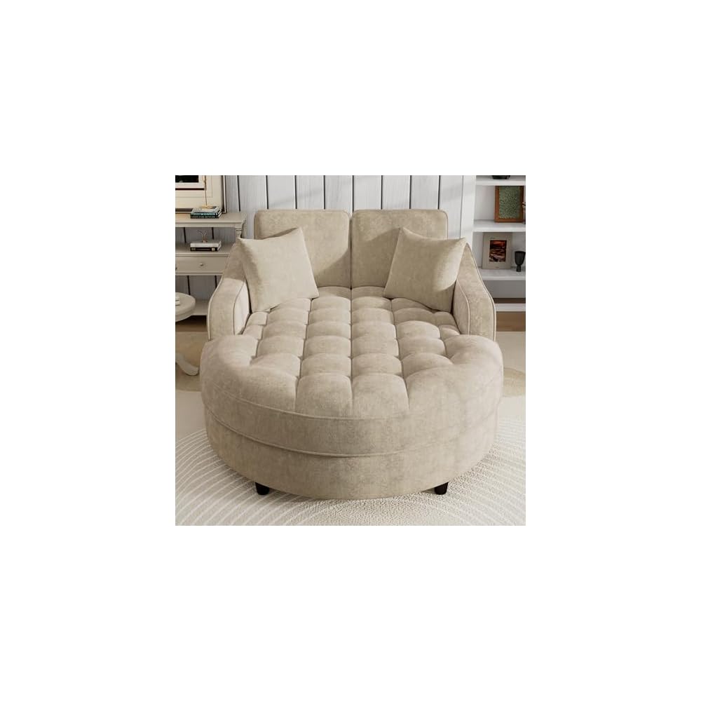 Merax 55" Modern Chaise Lounge Sofa Bed, Chenille Upholstered Couch with Tufted Seat and Removable & Adjustable Pillows for Living Room, Champagne