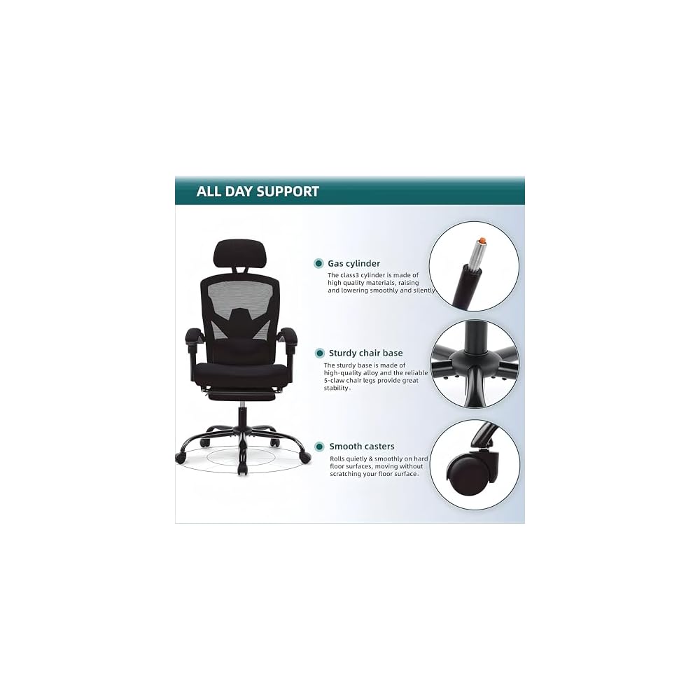 Ergonomic Office Chair with Wheels, Office Chairs with Foot Rest for Adults, Conference Room, Home Office, Gaming, Black (Black)