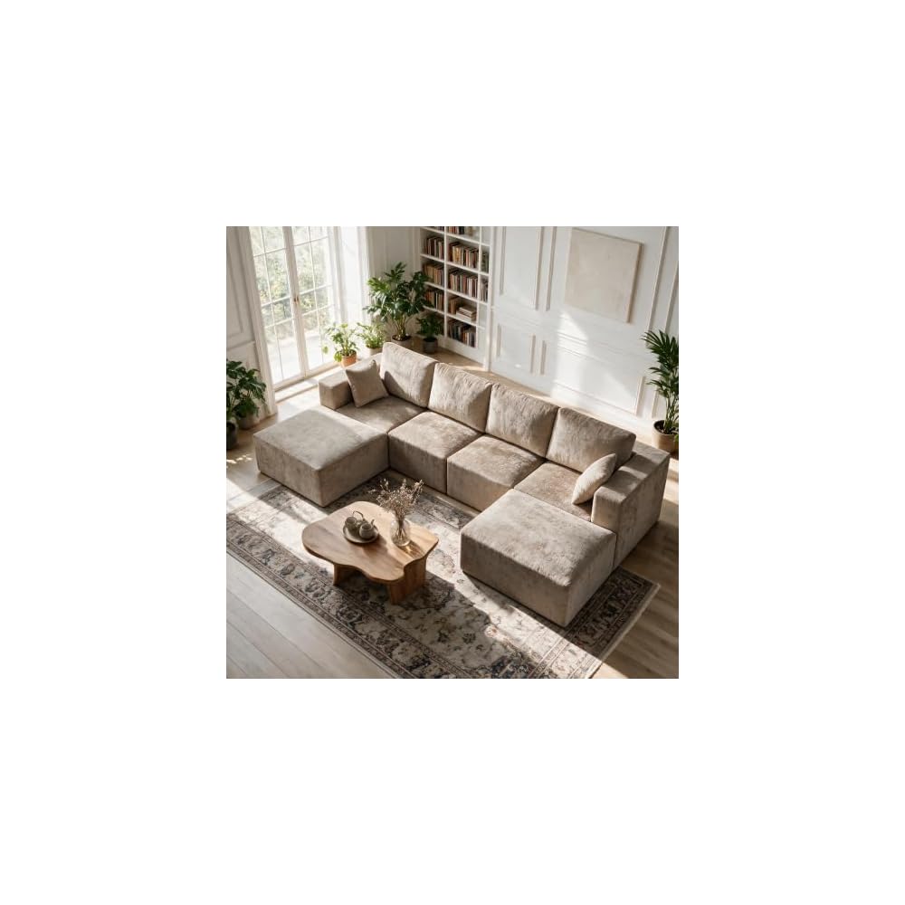 WUTUTUEE 146'' Oversized Boneless Sofa, 4 Seater Modular Sectional Couch with 2 Movealbe Ottoman, U Shaped Chenille Convertible Sleeper Sofa with Chaise for Living Room, Camel