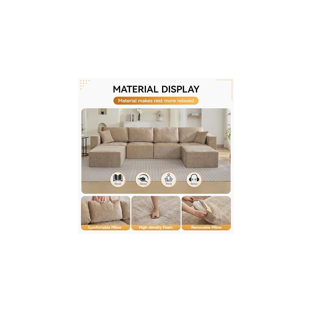 WUTUTUEE 146'' Oversized Boneless Sofa, 4 Seater Modular Sectional Couch with 2 Movealbe Ottoman, U Shaped Chenille Convertible Sleeper Sofa with Chaise for Living Room, Camel