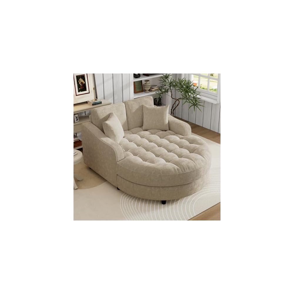 Merax 55" Modern Chaise Lounge Sofa Bed, Chenille Upholstered Couch with Tufted Seat and Removable & Adjustable Pillows for Living Room, Champagne