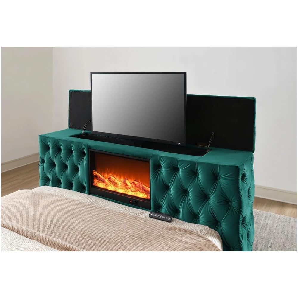 First of a Kind Velvet King Bed - Tufted Upholstered Bed Frame with TV Stand & Fireplace in Footboard - Soft Velvet Fabric for Comfy Experience - Suitable for TV up to 50”, (Green)