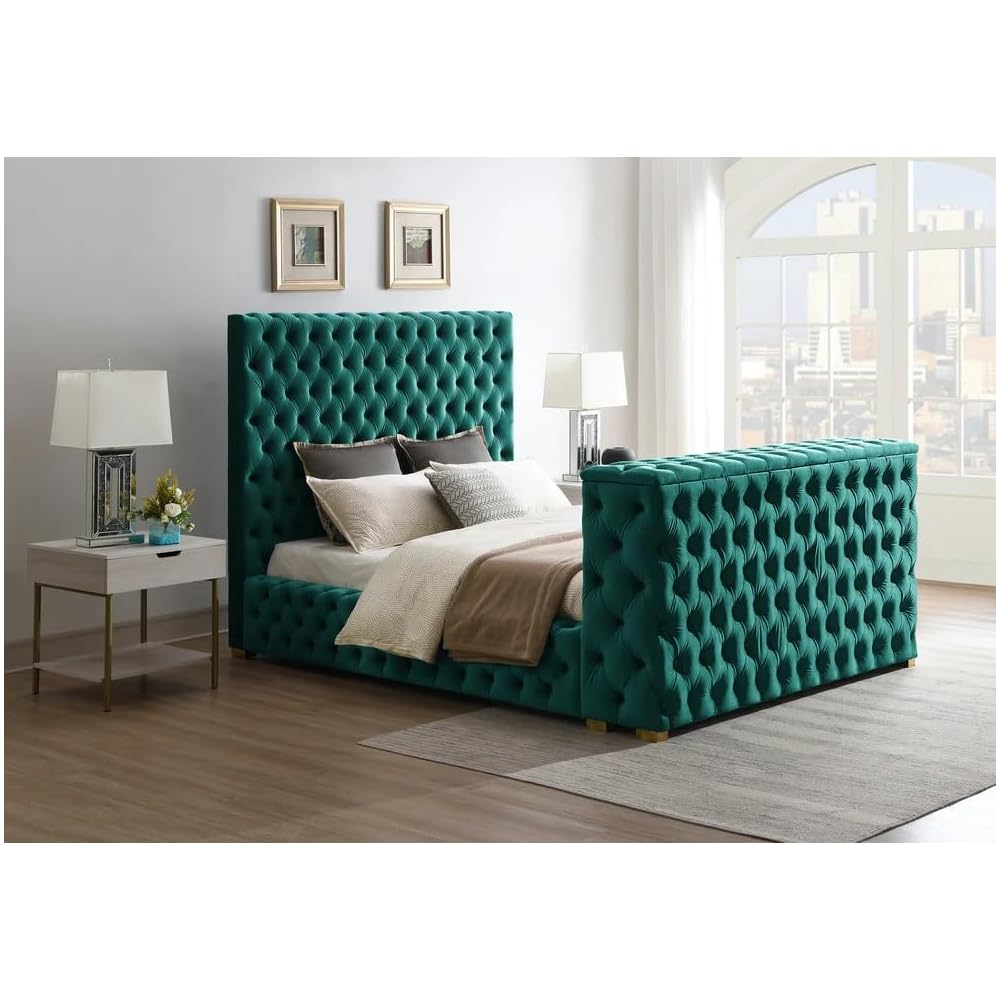 First of a Kind Velvet King Bed - Tufted Upholstered Bed Frame with TV Stand & Fireplace in Footboard - Soft Velvet Fabric for Comfy Experience - Suitable for TV up to 50”, (Green)