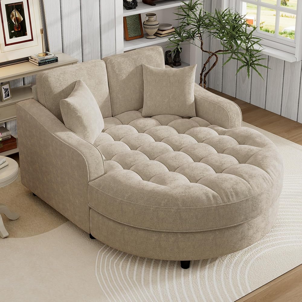 Merax 55" Modern Chaise Lounge Sofa Bed, Chenille Upholstered Couch with Tufted Seat and Removable & Adjustable Pillows for Living Room, Champagne