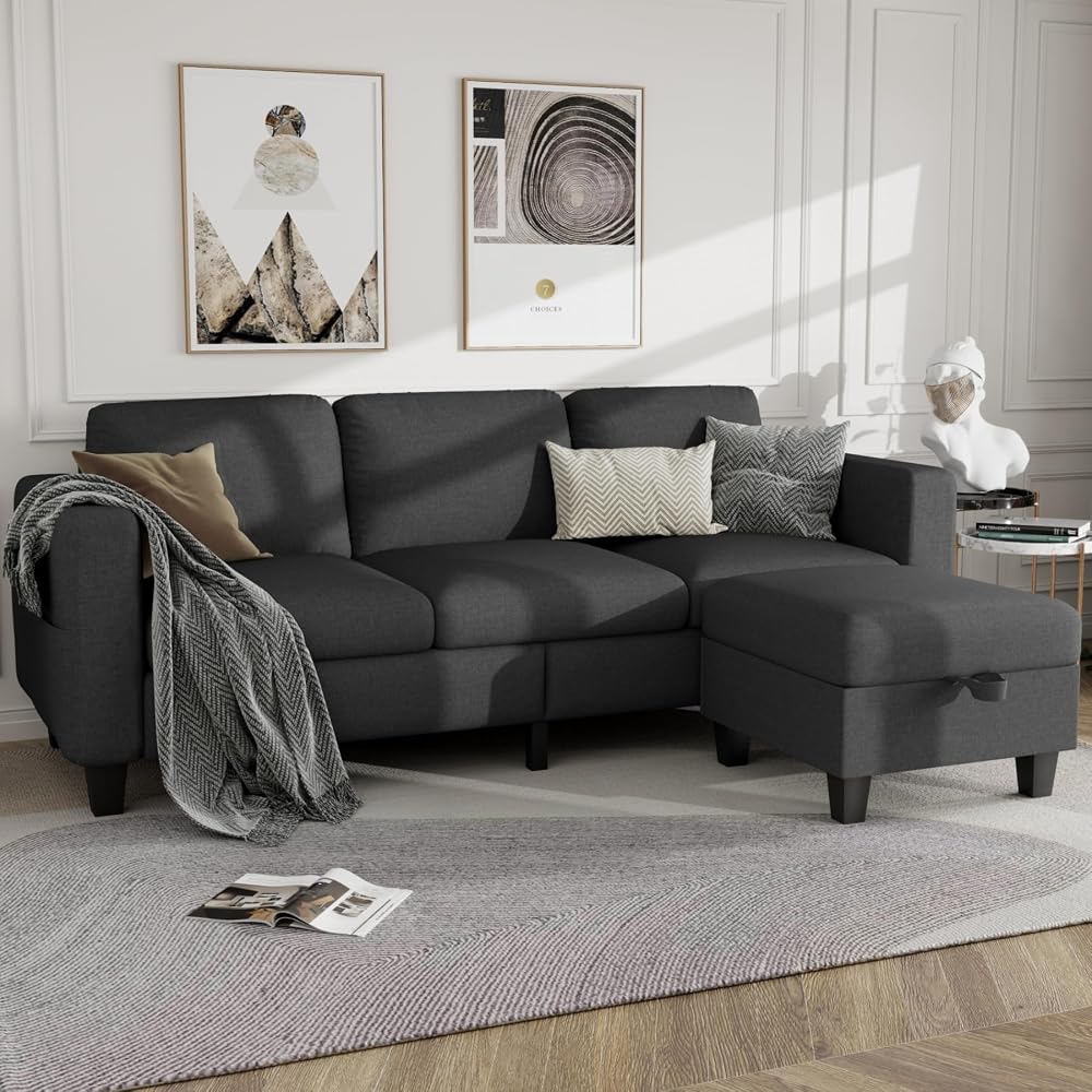 Sectional Sofa Couches for Living Room - L Shaped Cloud Couch-Small Modular 3 Seat-Comfy Linen with Storage Deep Seat Sofa,Washable Covers-Suitable for Living Room-Apartment-Office-Bedroom-Dark Grey