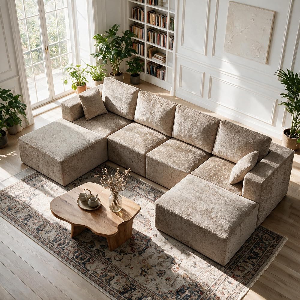 WUTUTUEE 146'' Oversized Boneless Sofa, 4 Seater Modular Sectional Couch with 2 Movealbe Ottoman, U Shaped Chenille Convertible Sleeper Sofa with Chaise for Living Room, Camel